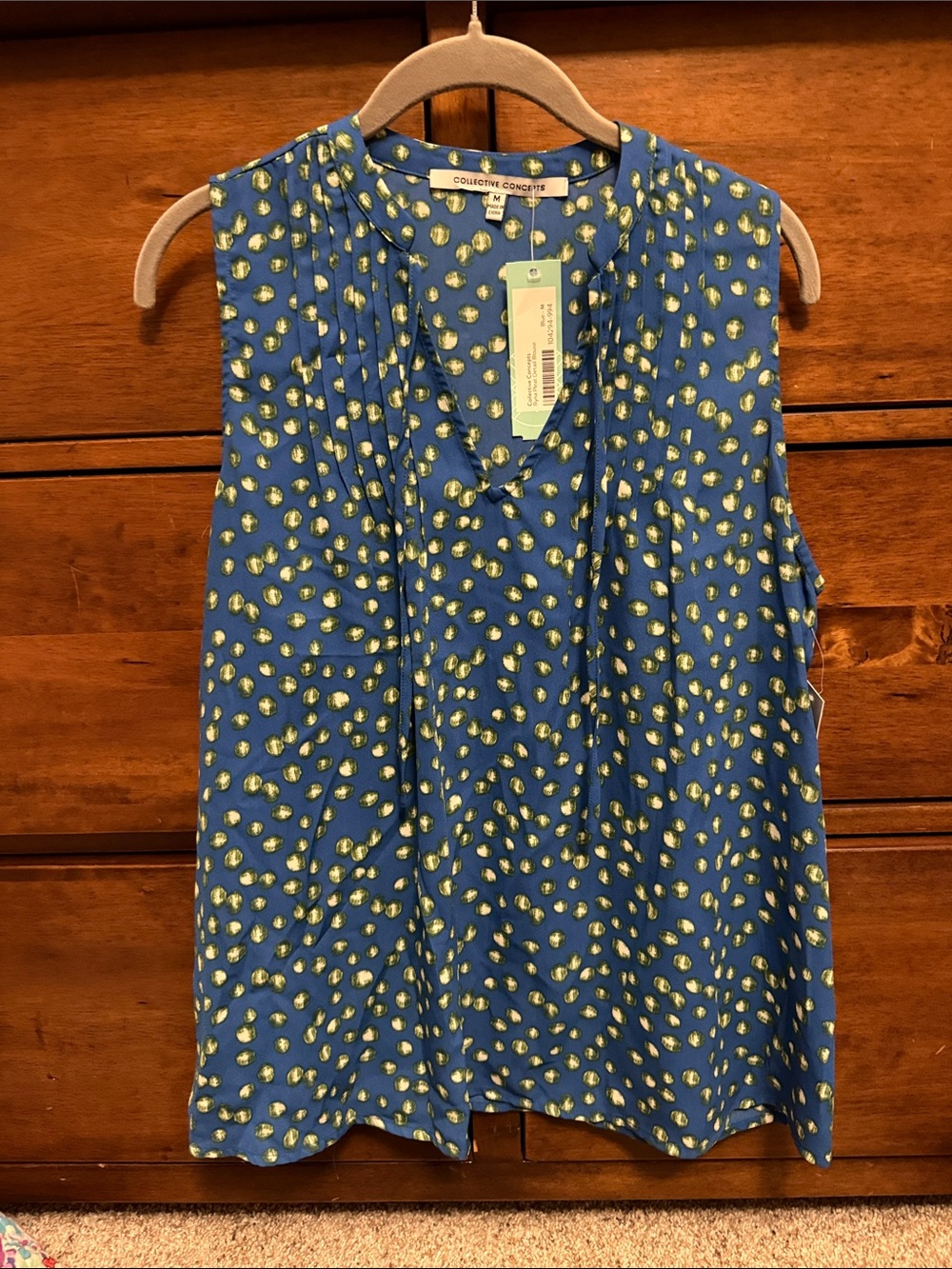 Collective Concepts Royal Blue Sleeveless V-Neck Top with green Dot Print